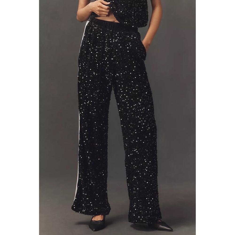 NWT Anthropologie Sequin Track Pants XS 0-2 Black Bishop + Young $138 Wide Leg